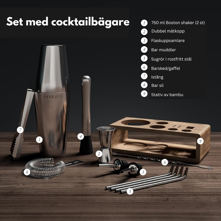 Cocktail Shakers Set Boston med stativ + receptbok
