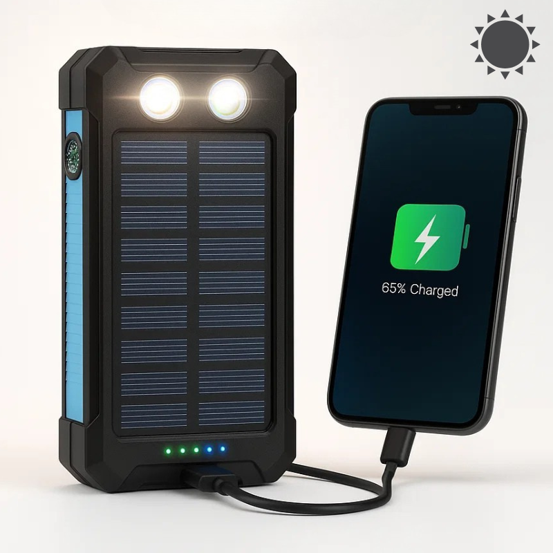 Bærbar soldrevet powerbank med LED-lommelygte – billede 1
