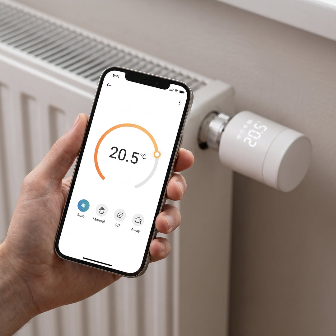 Mobilapp visar temperaturreglage bredvid monterad termostat
