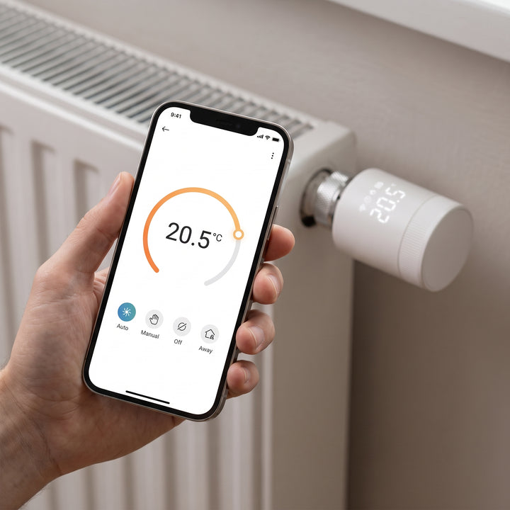 Mobilapp visar temperaturreglage bredvid monterad termostat