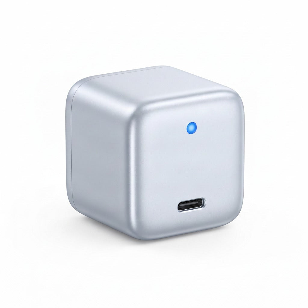 Kompakt USB-C snabbladdare – silvermetallic kubform med blå LED-indikator på vit bakgrund