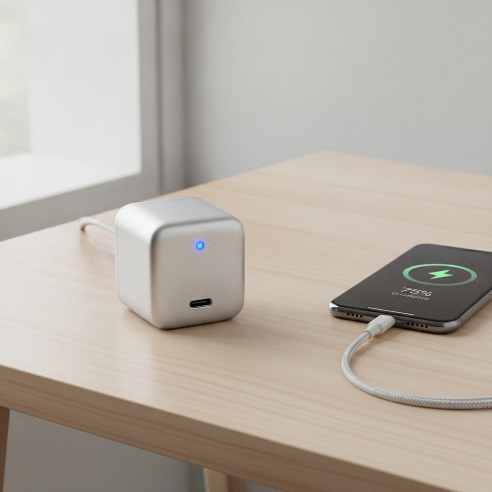USB-C snabbladdare på träskrivbord kopplad till smartphone med laddningskabel