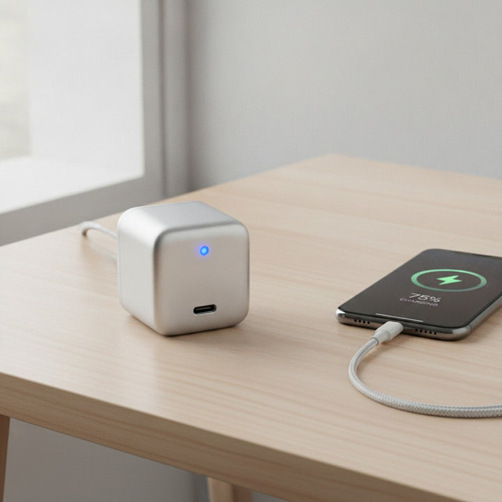 USB-C snabbladdare på träskrivbord kopplad till smartphone med laddningskabel