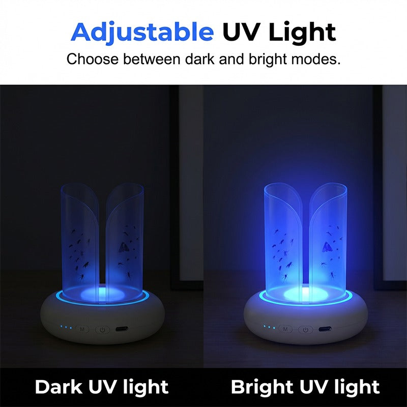 UV LED-myggelamp i mörkt respektive ljust UV-läge – jämförelse