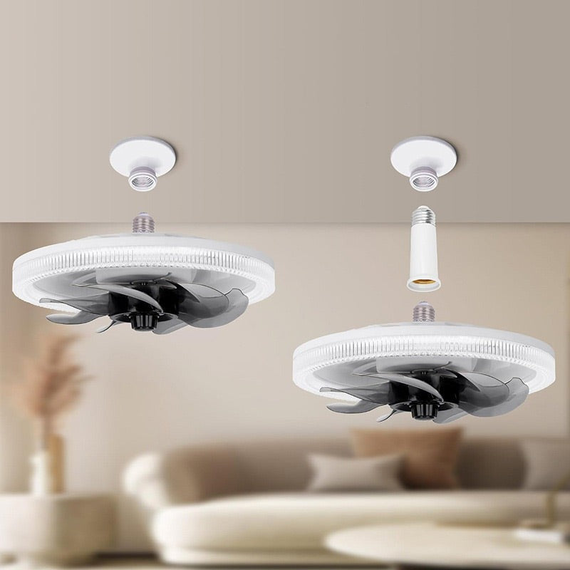 Fläktlampa monterad i tak, vit variant i sovrum