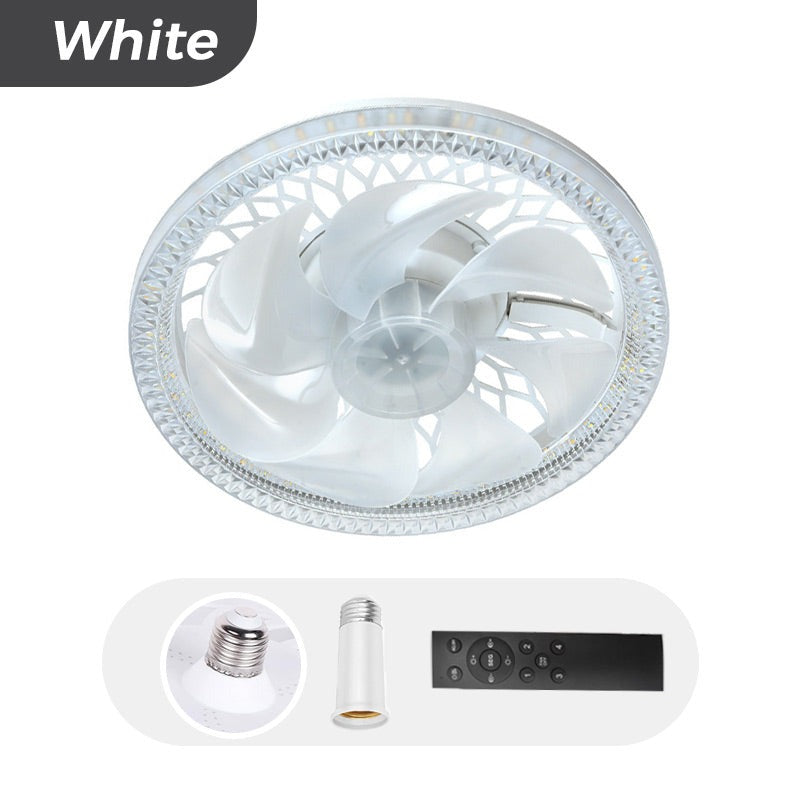 Vit fläktlampa uppifrån med fjärrkontroll och adapter