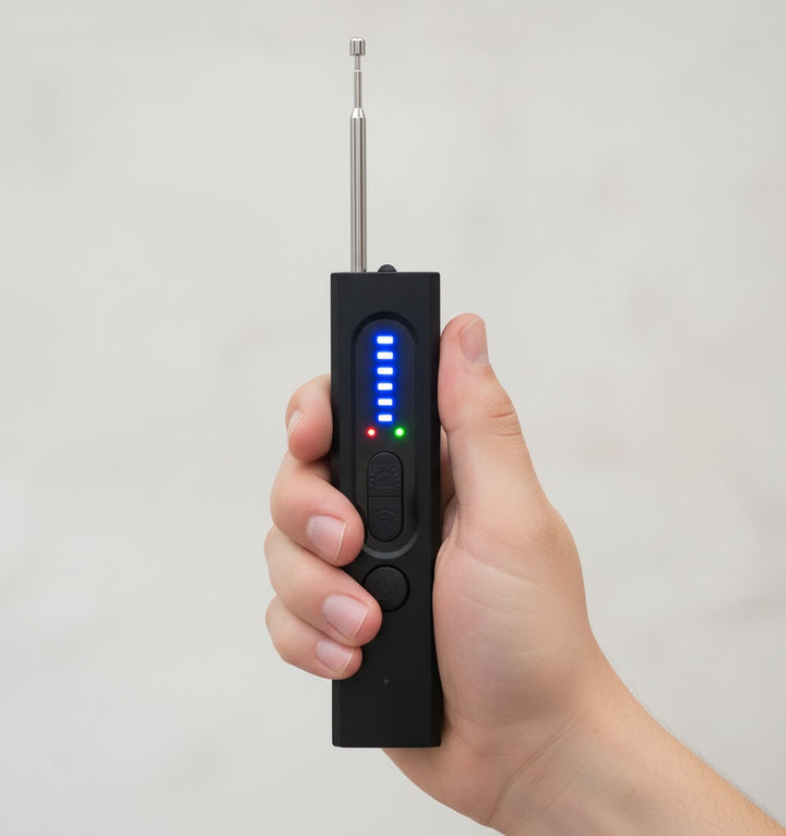 Hand håller RF-signaldetektor med blå LED-display