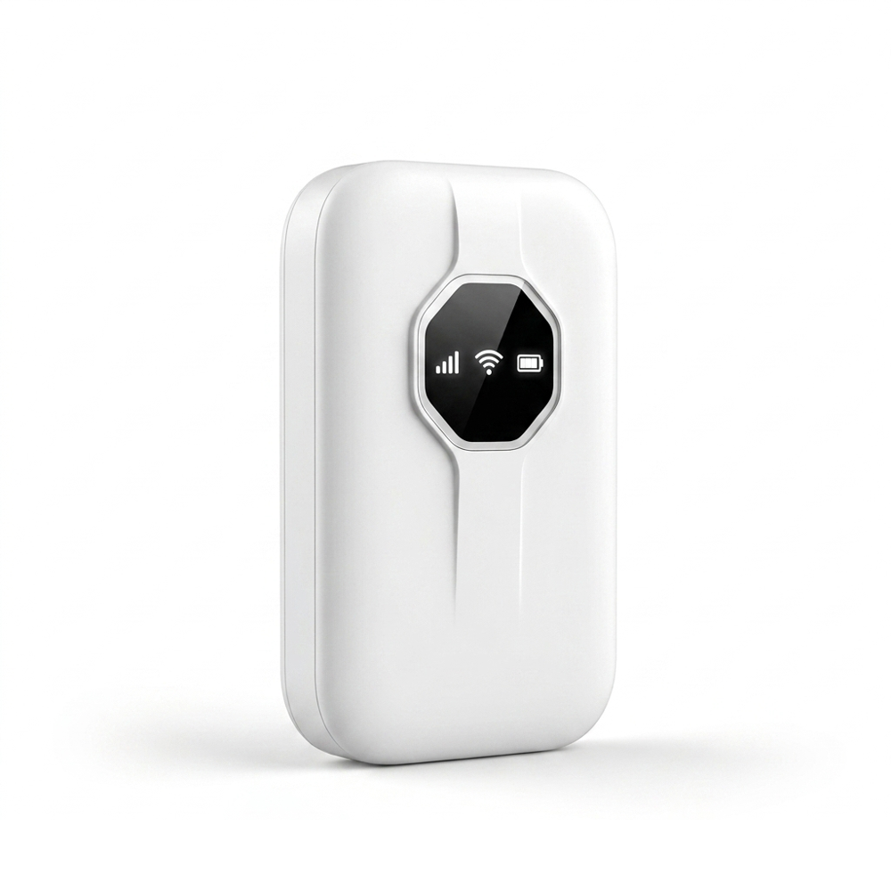 4G WiFi-router i 45-graders vinkel, sida och framsida synliga