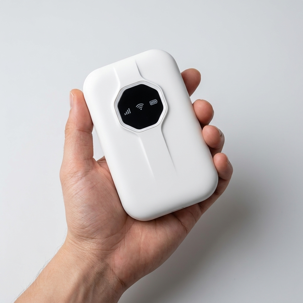 Hand håller kompakt 4G WiFi-router för att visa storleken