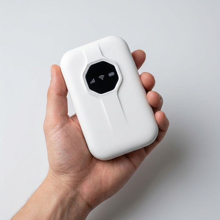 Hand håller kompakt 4G WiFi-router för att visa storleken