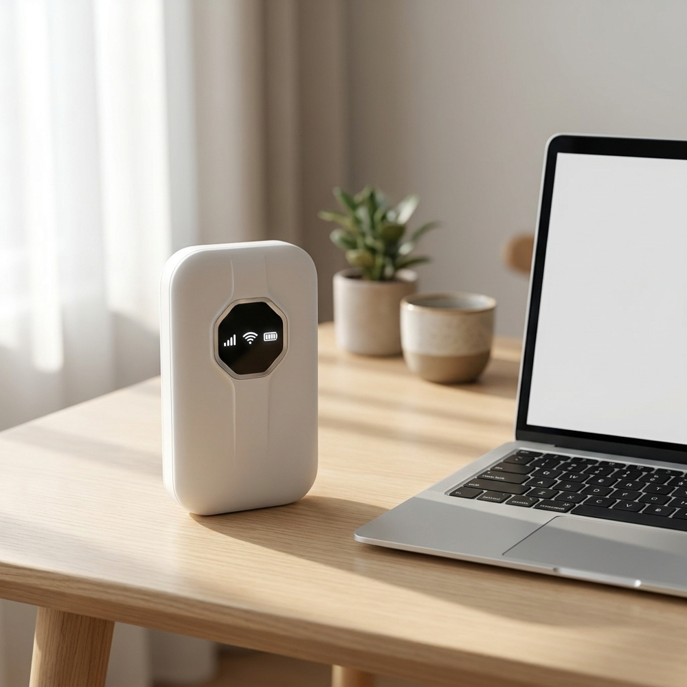 4G WiFi-router på skrivbord bredvid laptop i hemmakontor