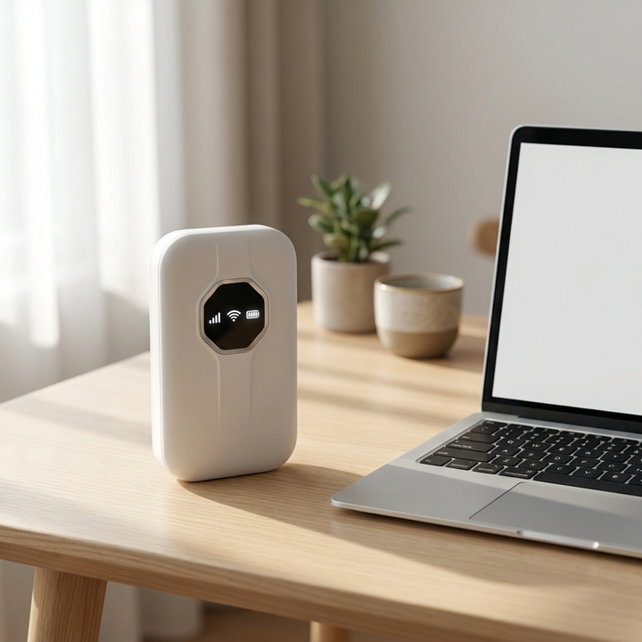 4G WiFi-router på skrivbord bredvid laptop i hemmakontor