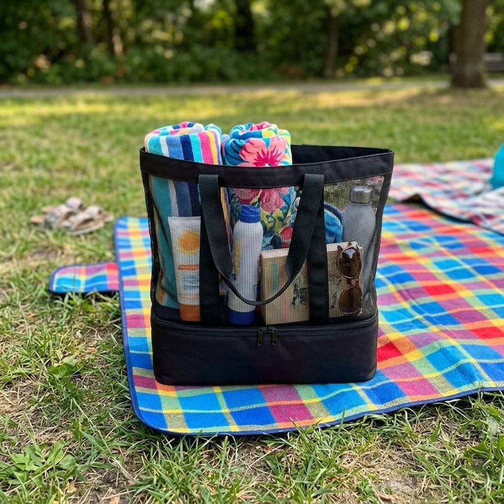 Strandväska på picknickfilt utomhus