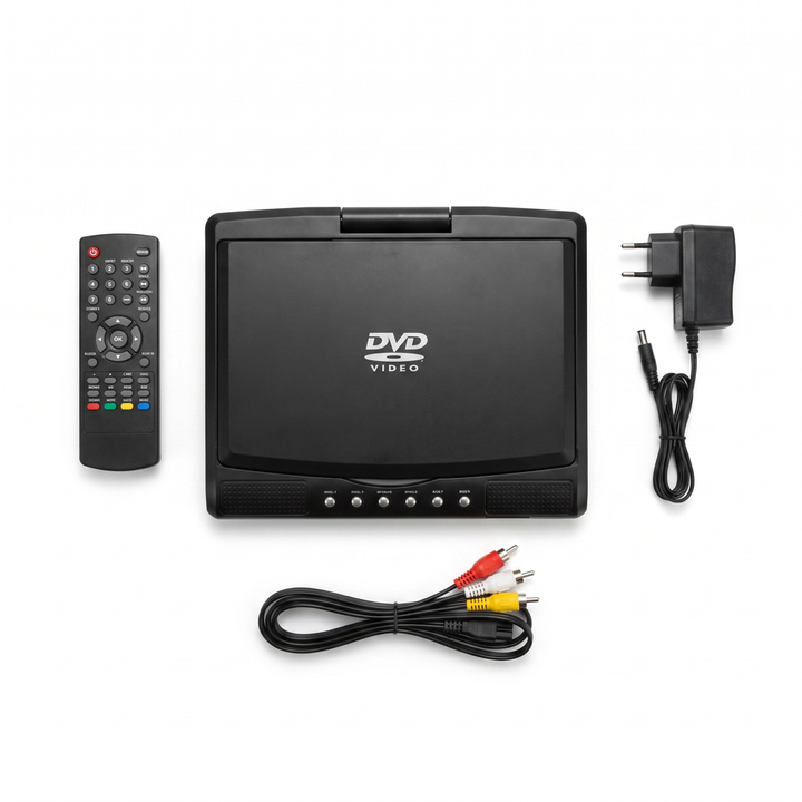 DVD-spelare med tillbehör: fjärrkontroll, nätaggregat och AV-kabel