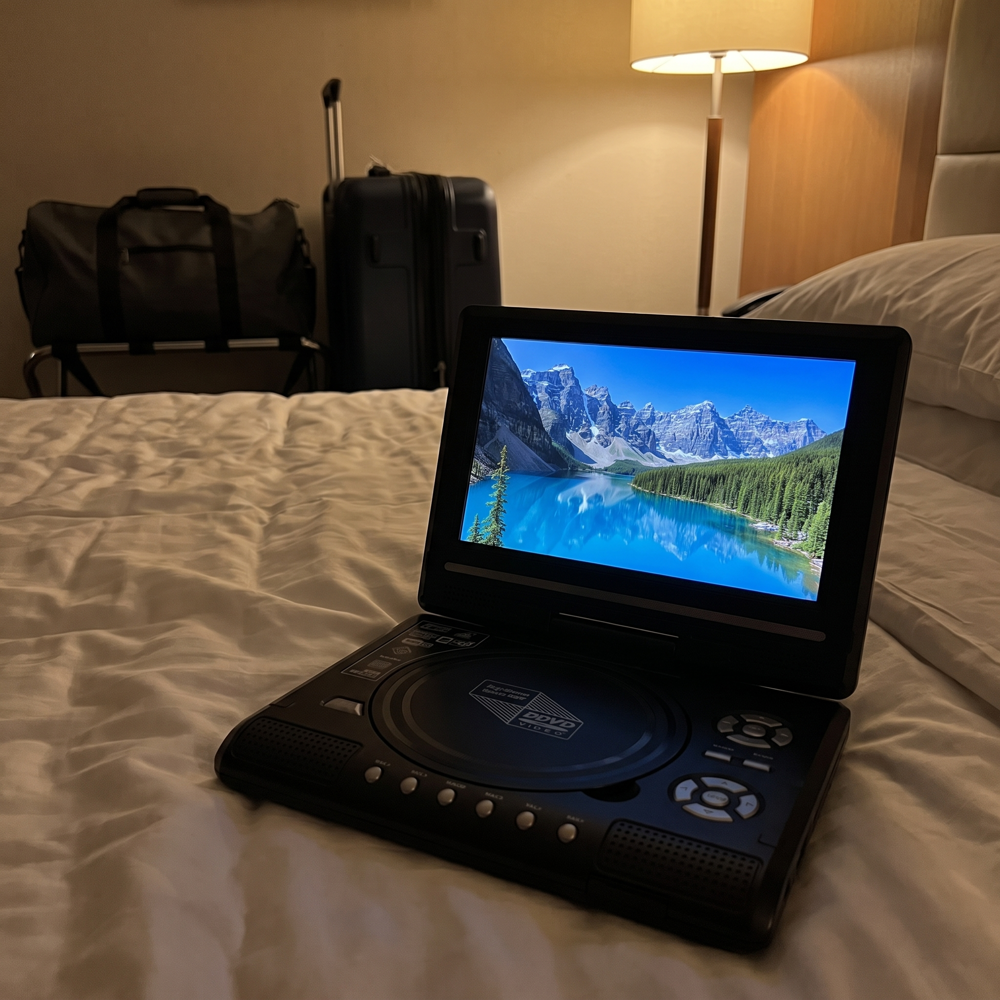 Bärbar DVD-spelare på hotellsäng med resväskor i bakgrunden