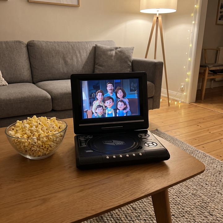 Bärbar DVD-spelare på soffbord i skandinaviskt vardagsrum