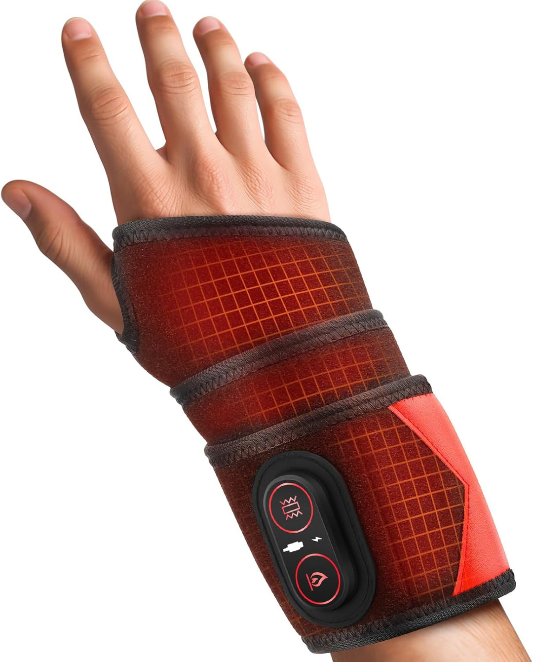 Uppladdningsbar handledsvärmare med vibrationsmassage på hand, vit bakgrund