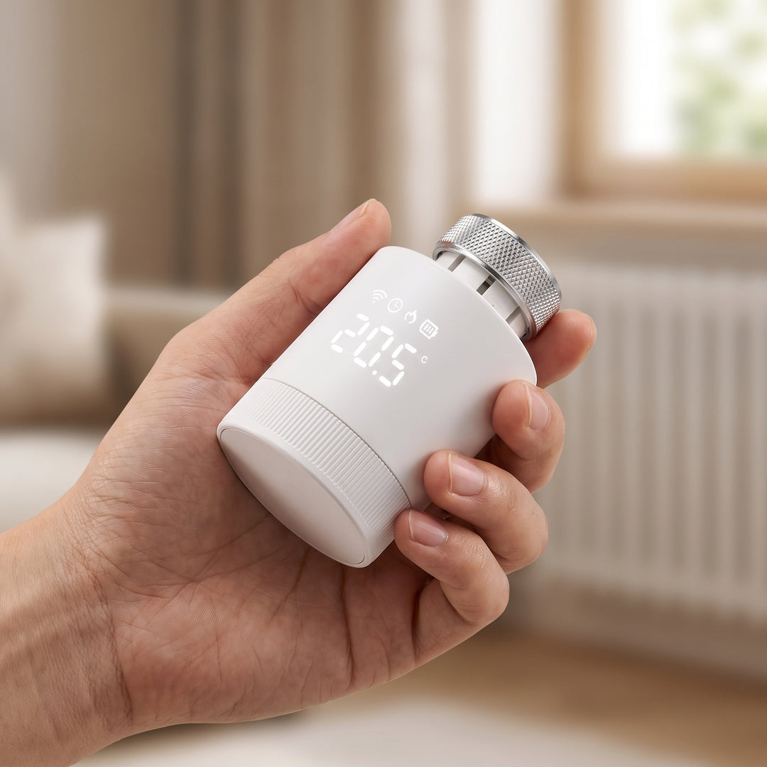 Hand håller den vita radiatortermostaten för storleksjämförelse