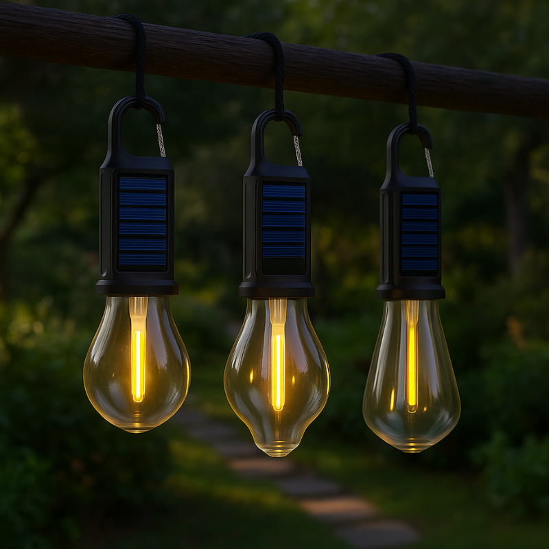 Solcellelampe vintagepære til camping – alle tre former hængende