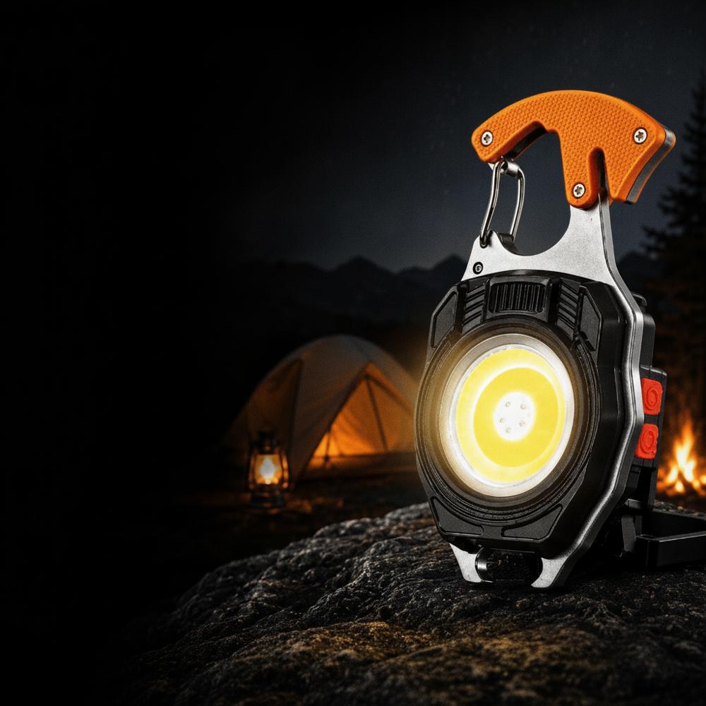 Orange nøglering-multiværktøj med LED-lommelygte og lighter ved campingpladsen
