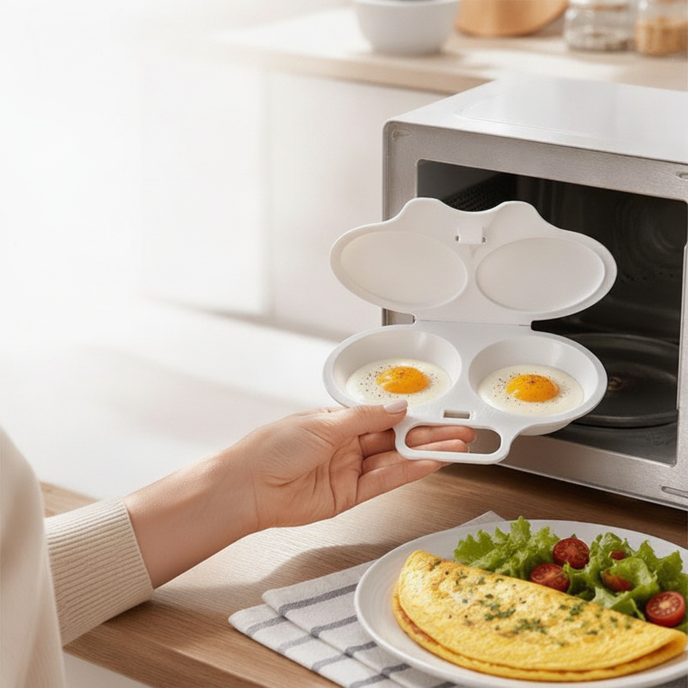 Äggkokare i mikrovågsugn med två kokta ägg och frukost