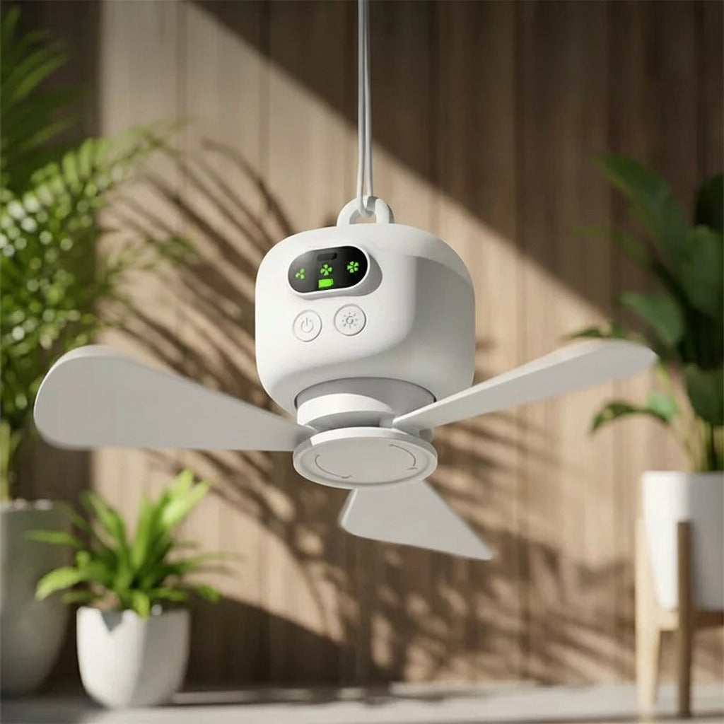 Genopladelig hængende ventilator med LED-lys i udendørsmiljø
