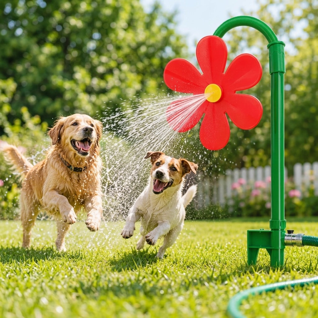 Röd blomsprinkler för hund med vattenstråle i trädgården