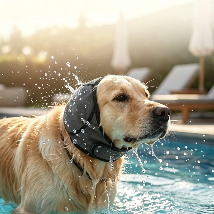 Hundörontäcke grå - hund simmar i pool
