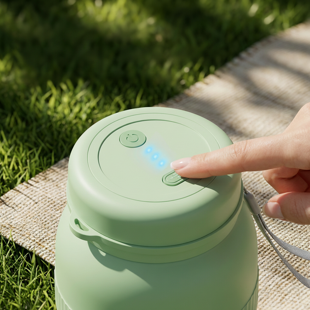 Närbild av LED-batteri-indikator på smoothiemixerns lock