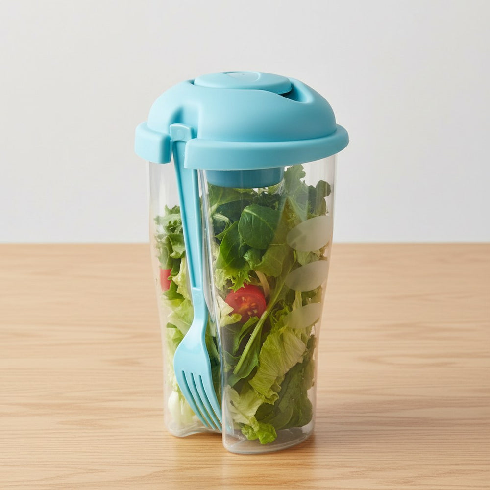 Salladsshaker med sallad på träbord