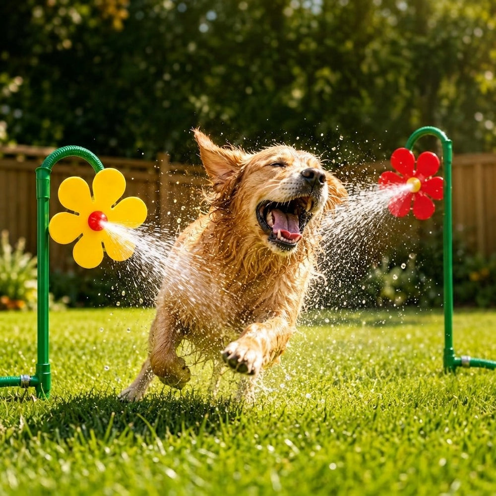 Hund leker med blomsprinkler på gräsmattan