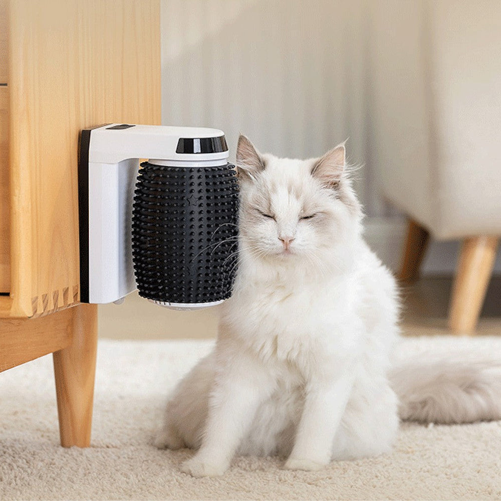 Vit katt gnuggar mot automatisk kattborste monterad på möbel