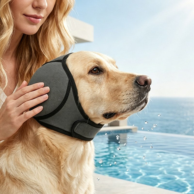 Grått hundörontäcke - neopren öronsskydd närbild