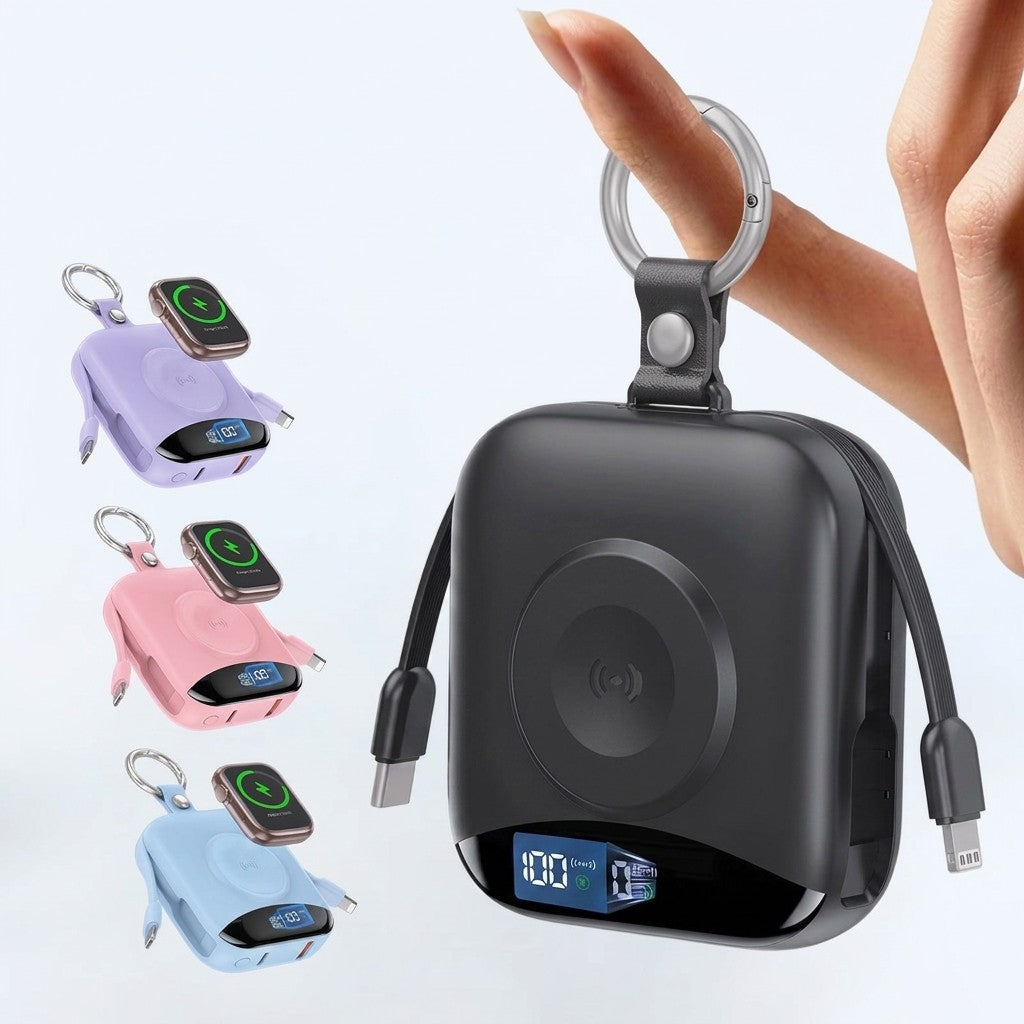 Magnetisk powerbank i alla fyra färger: svart, lila, rosa och blå