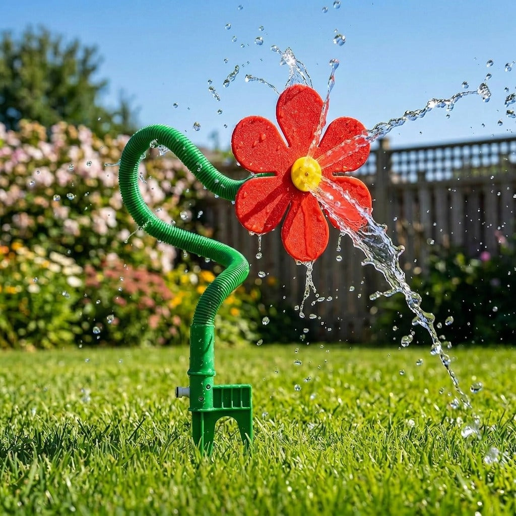 Dansande blomsprinkler sprutar vatten i trädgården