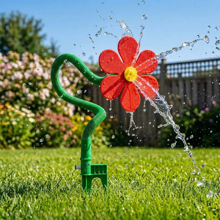 Dansande blomsprinkler sprutar vatten i trädgården