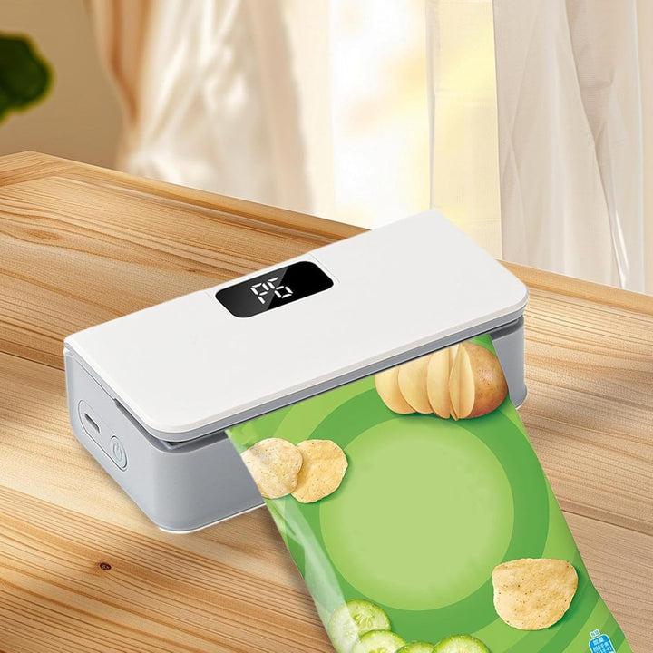 Påsförslutare på träbord med chips-påse – livsstil