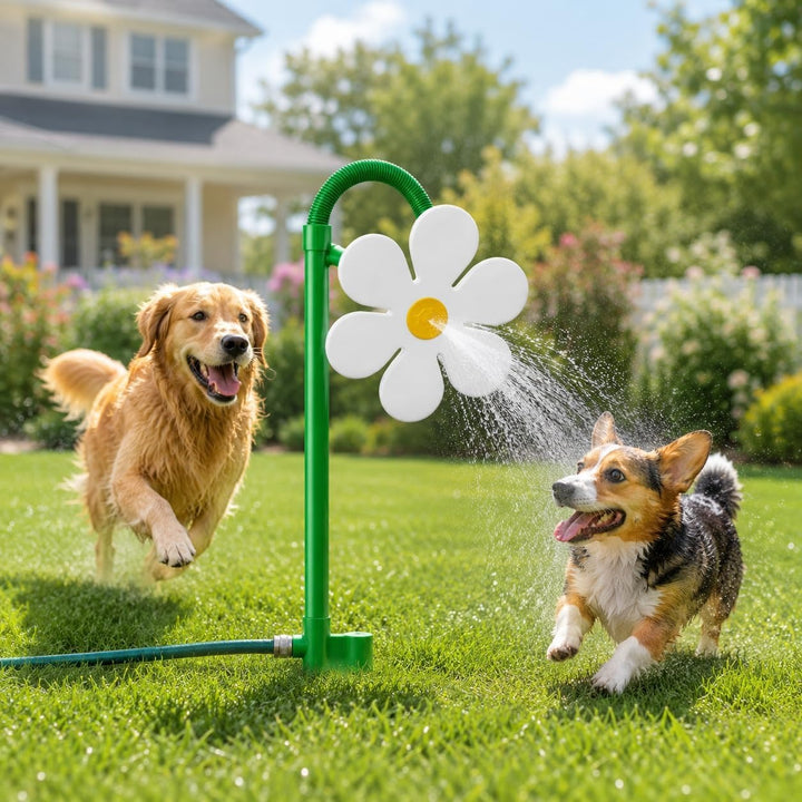 Vit blomsprinkler med hundar som leker i trädgården