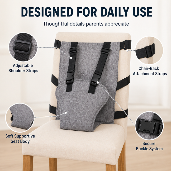 Säkerhetssele monterad på matstol med spännen
