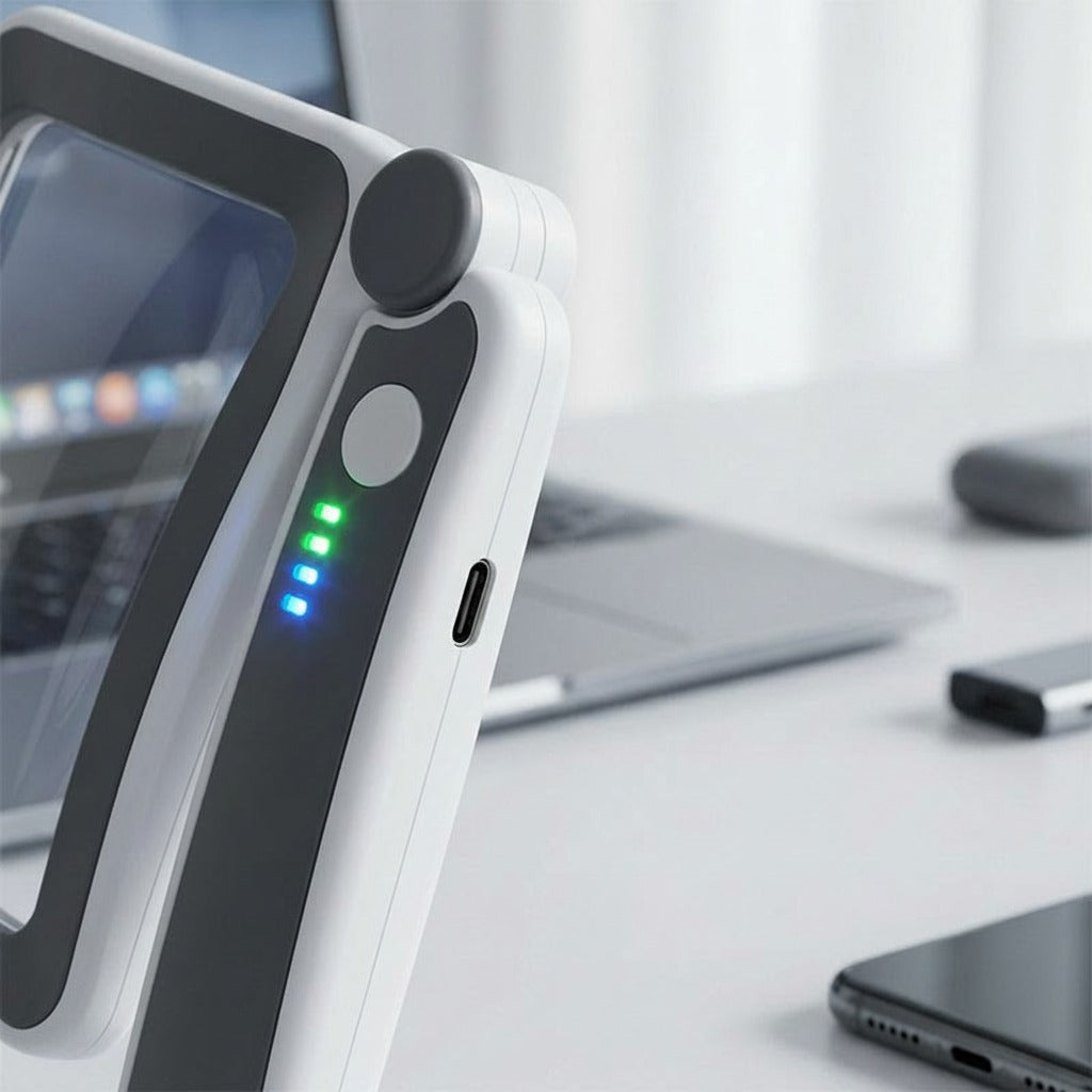 Närbild på USB-C laddningsport och batteriindikator på hopfällbart förstoringsglas