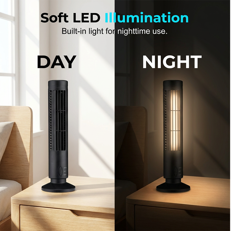 Tornfläkt dag och natt med inbyggd LED-belysning