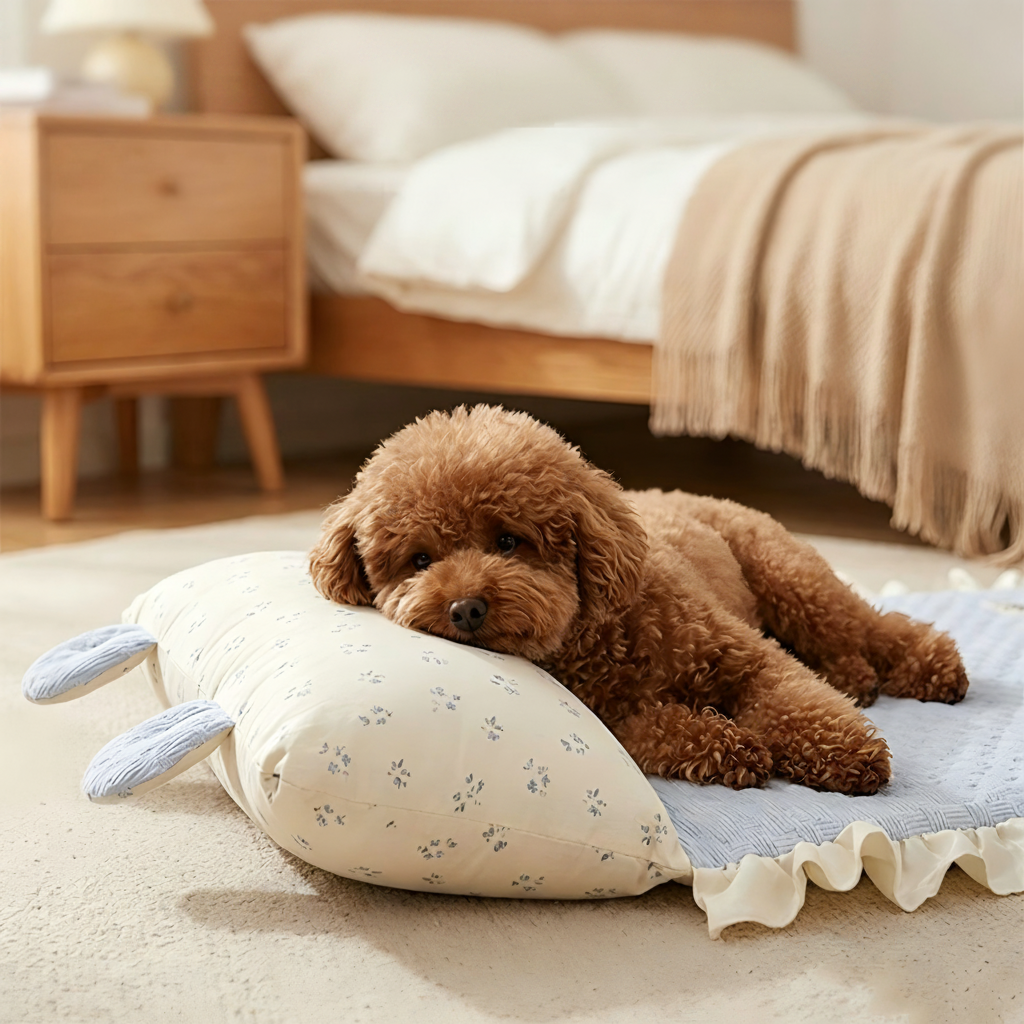Hund som vilar på kylmatta med ergonomisk kudde