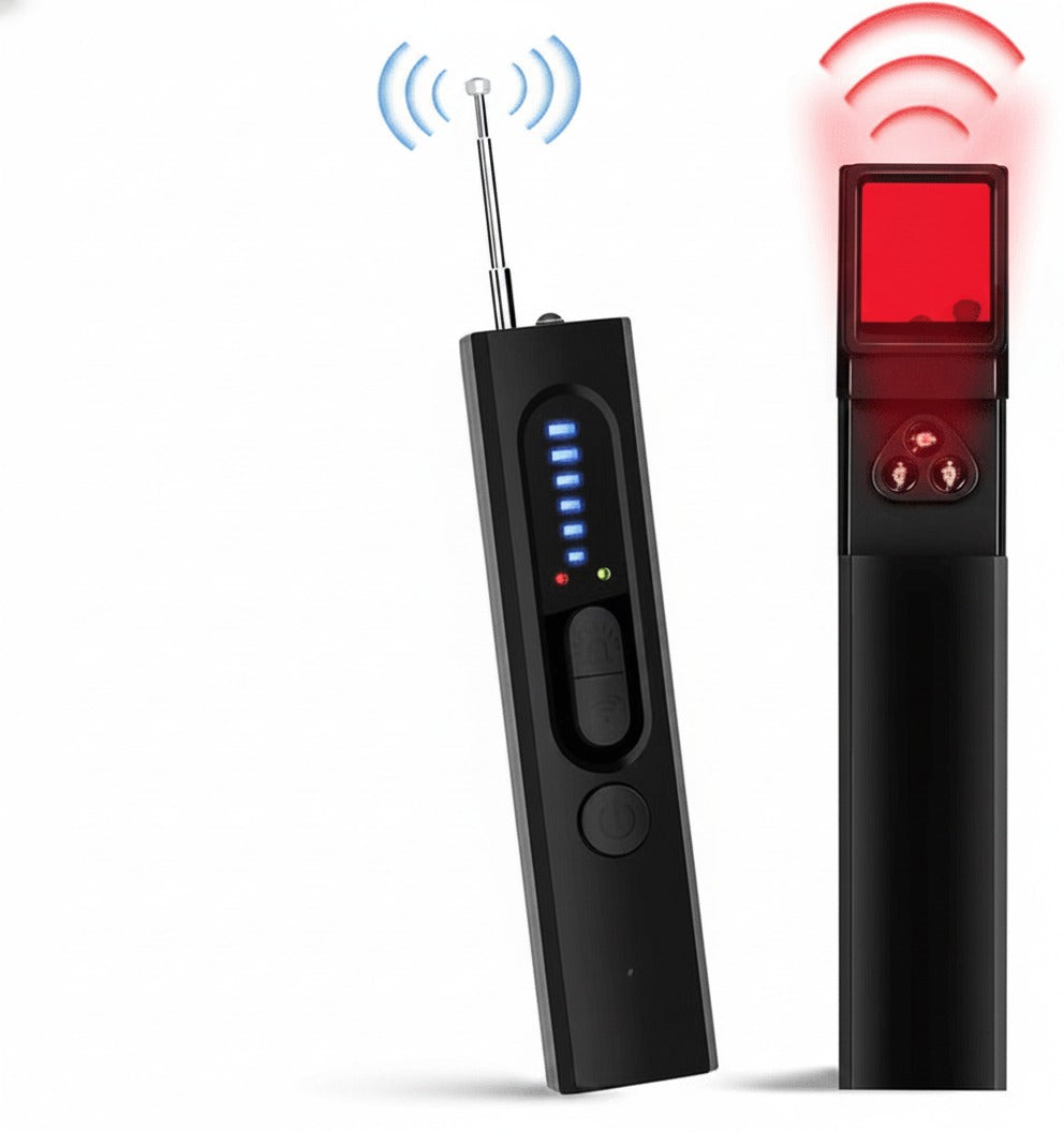RF-signaldetektor – front- och IR-sensorvy på vit bakgrund