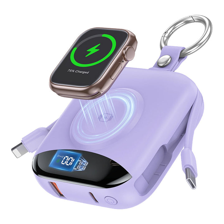 Magnetisk powerbank i lila som laddar Apple Watch trådlöst