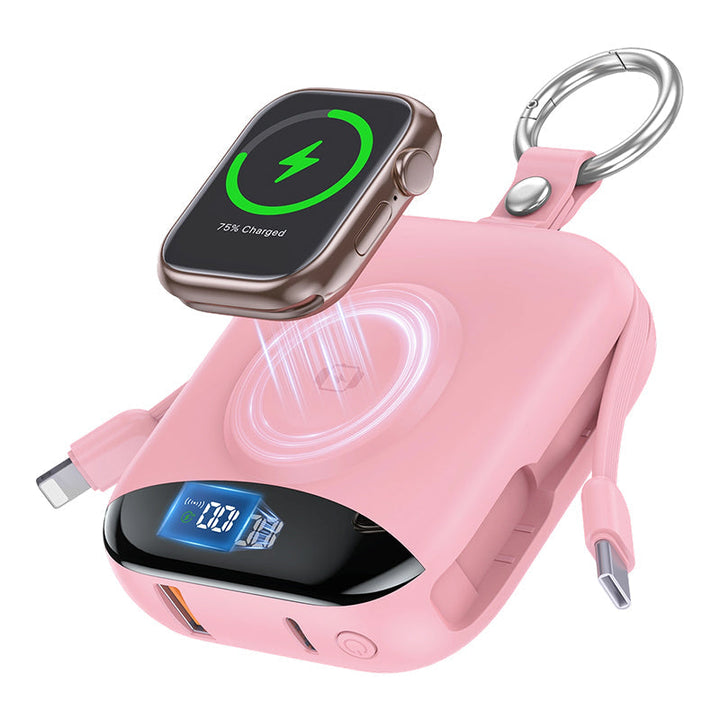 Magnetisk powerbank i rosa som laddar Apple Watch trådlöst