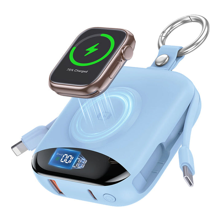 Magnetisk powerbank i blå som laddar Apple Watch trådlöst