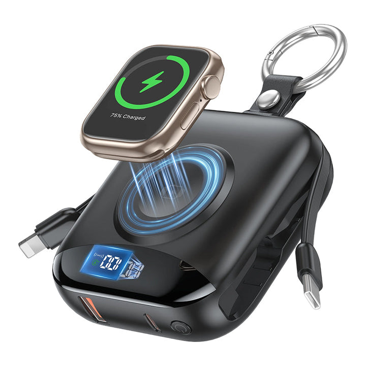 Magnetisk powerbank i svart med inbyggda kablar och karabinhake