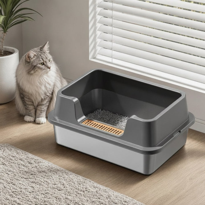 Kattlåda i rostfritt stål med grå katt vid sidan