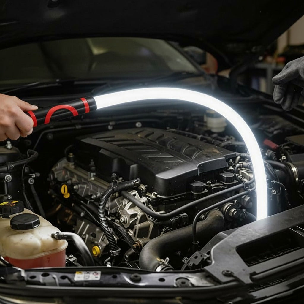 Böjbar LED-ljusstav i bilmotor, händer håller verktyget i trångmontage