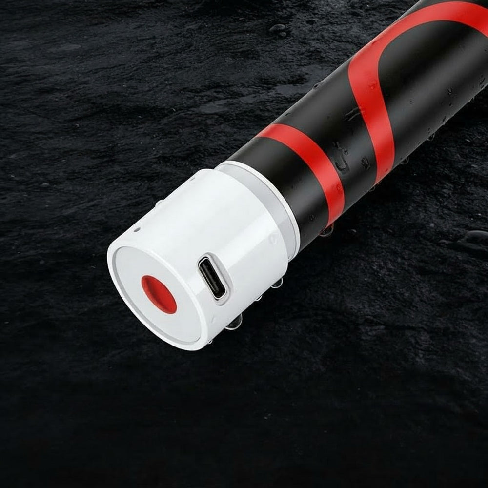 USB-C ladduttag och röd knapp på böjbar LED-arbetslampa